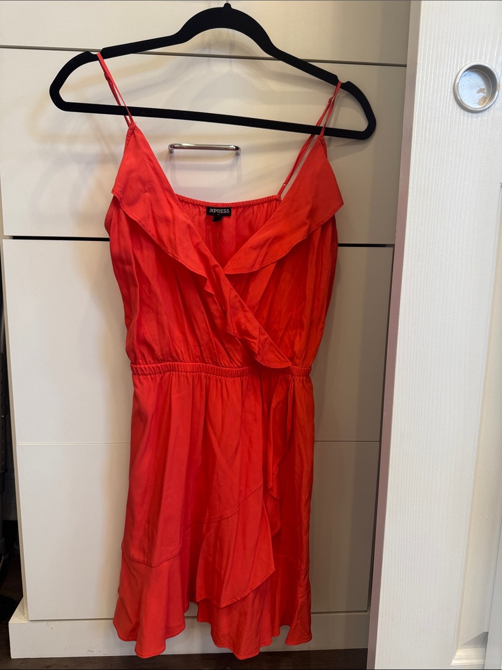 Express Coral Red Ruffle-Front Spaghetti Strap Mini Dress